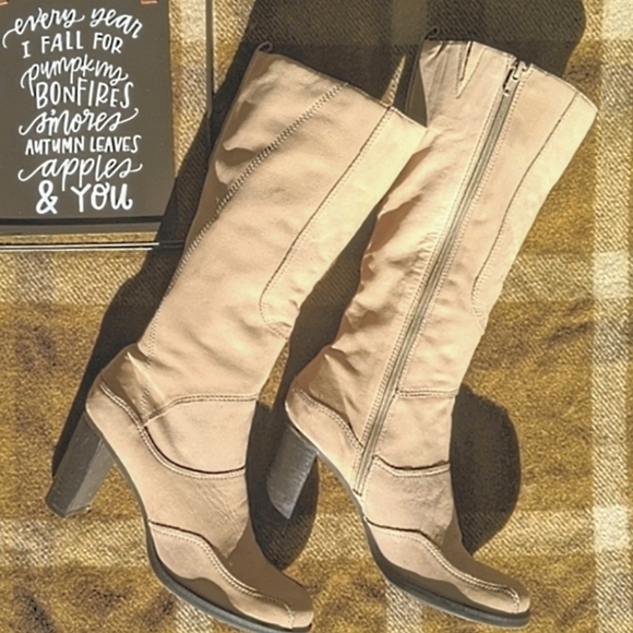 Titan Shoes - Natural Tan Cream Taupe Brushed Leather Suede High Heel Tall Fashion Boots 7.5